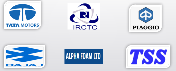 Customer logos supplied by VEGACUT: Tata Motors, IRCTC, Piaggio, Bajaj, Alpha Foam Ltd and TSS