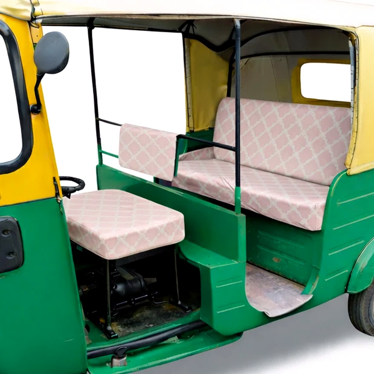 Photograph of seating inside an Indian auto rickshaw without a logo